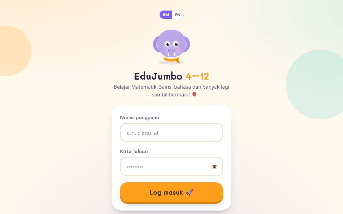 Skrin log masuk EduJumbo dengan medan nama pengguna dan kata laluan
