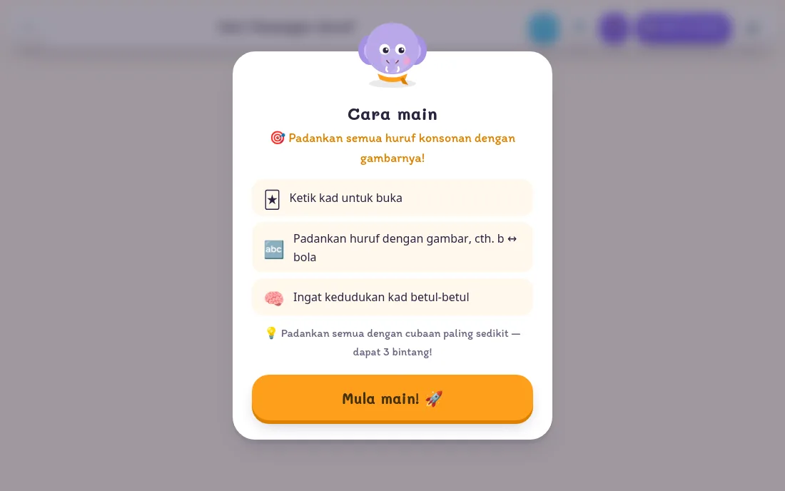 Kad "Cara main" yang dipapar sebelum setiap permainan bermula