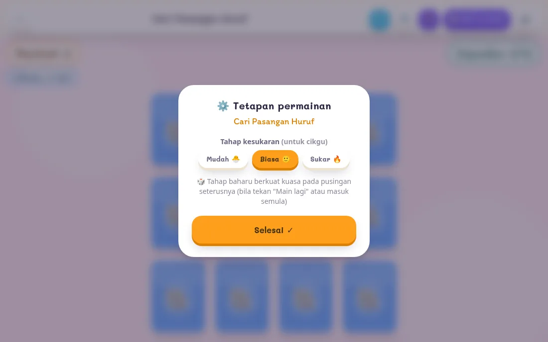 Menu tetapan kesukaran: Mudah, Biasa, Sukar